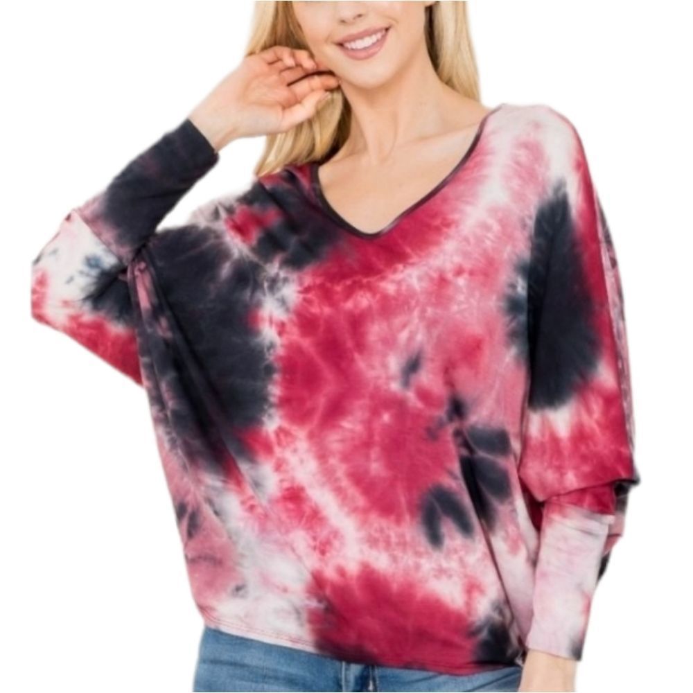 Women's Wine Tie Dye V-Neck Top - Picture 3 of 5